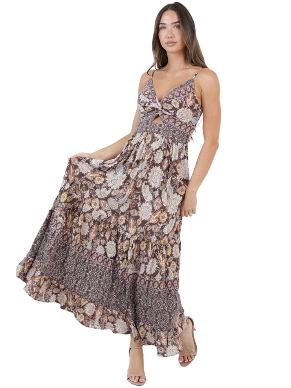 Angie F4F50-A990 V Neck Twist Front Cut Out Maxi Dress – CHOCOLATE